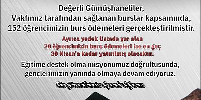 Gümüşhane Vakfı’ndan 152 Öğrenciye Bayram Öncesi Burs Desteği