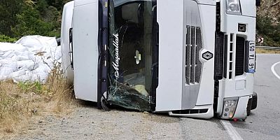 Kürtün’de Virajı Alamayan Balık Yemi Yüklü Tır Yola Devrildi